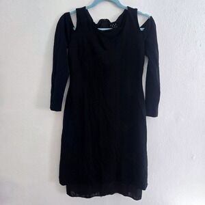 David Meister Black Cold Shoulder Long Sleeve Layered Hem Sheath Dress Siz 6 LBD